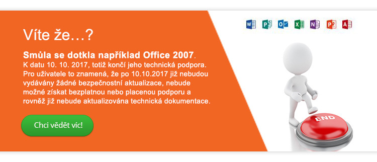 Smůla se dotkla například Office 2017 k datu 10. 10. 2017, totiž končí jeho technická podpora. Pro uživatele to znamená, že po 10.10.2017 již nebudou vydávány žádné bezpečností aktualizace, nebude možné získat bezplatnou nebo placenou podporu a rovněž již nebude aktualizována technická dokumentace. + Tlačítko – Chci vědět víc!